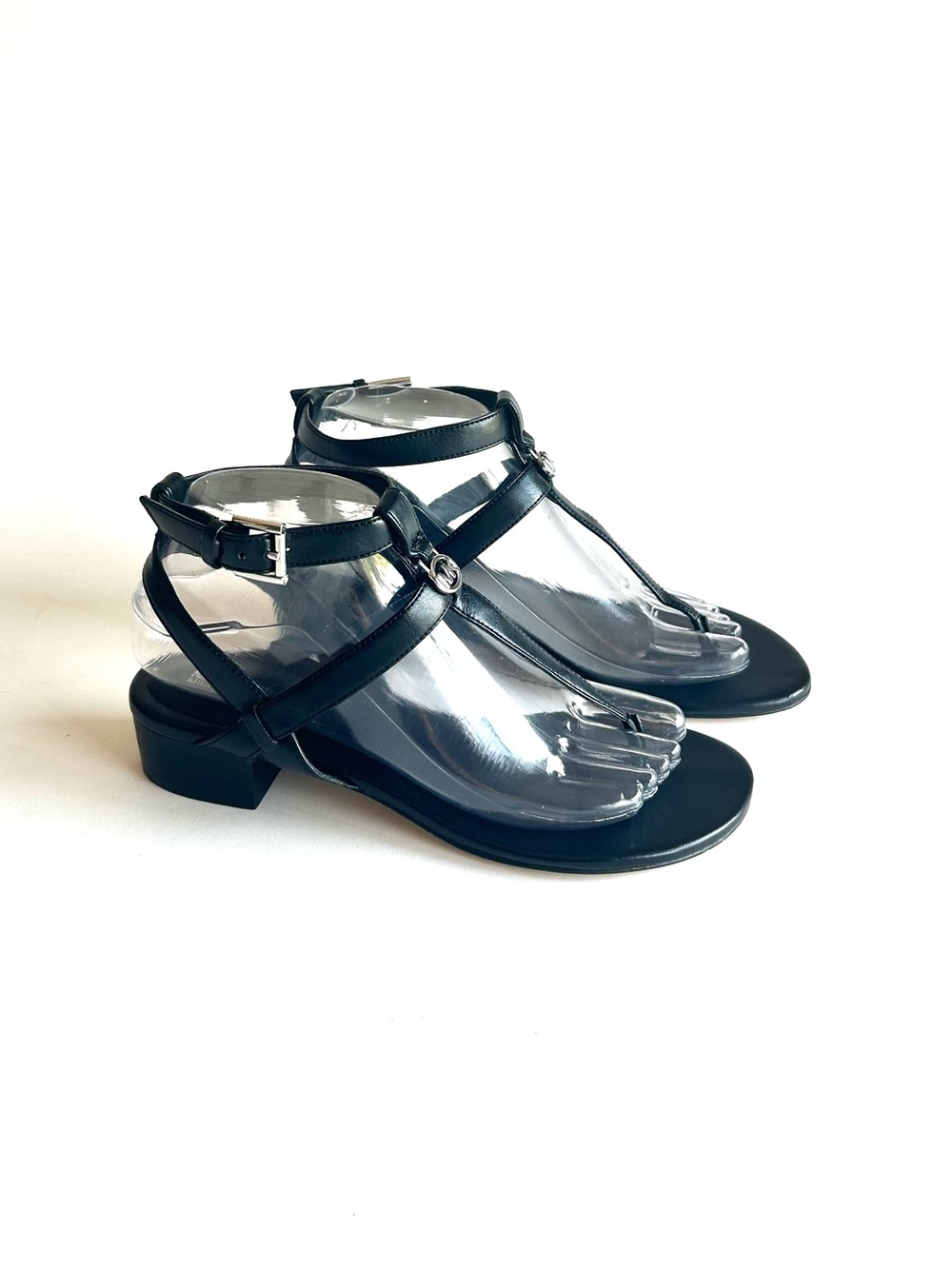 Michael Kors Black Leather Ankle Strap Silver Metal Logo Sandals size 7